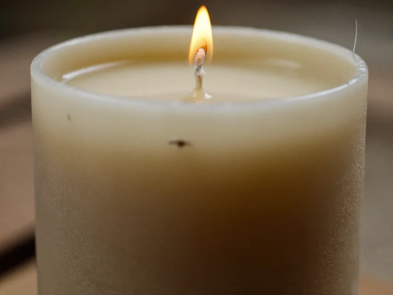 Nærbillede af smeltet sojavoks omkring en bomuldsvæge med tydelig flamme